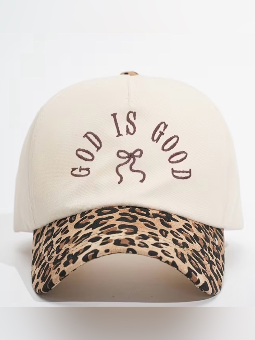 God Is Good Embroidered Baseball Cap - Cream with Leopard Brim